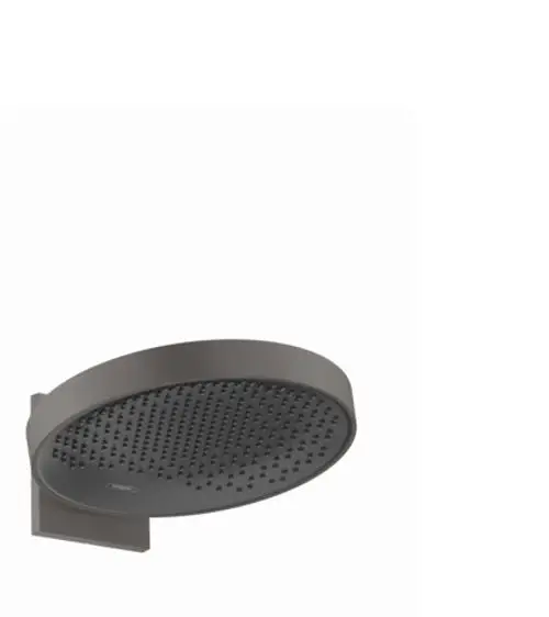 Hansgrohe Kopfbrause mit ovaler Form und Wandanschluss in Brushed Black Chrome. Die Brause hat eine perforierte Fläche zur Wasserverteilung.